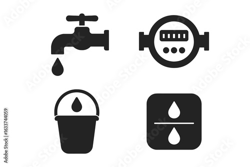 Water Conservation Solid Icons Set. Dripping Faucet, Water Meter, Collection Bucket, Split Drop Symbols. Eco Saving Utility, Sustainability, Plumbing, Resource Management Vector Isolated Illustration