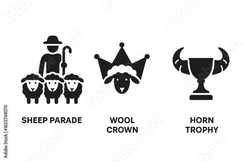 Shepherd festival symbols vector set, solid icon collection featuring sheep parade, wool crown, horn trophy, rural livestock event, agriculture awards, judge, farmer, lamb, festival logo concepts