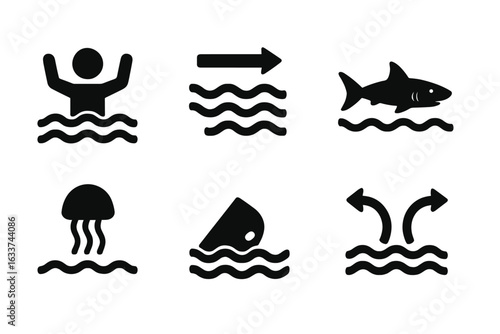 Water hazard icons set with solid filled symbols of drowning, strong currents, shark danger, jellyfish sting, boat capsizing, and rip tide warning, vector illustration on transparent background