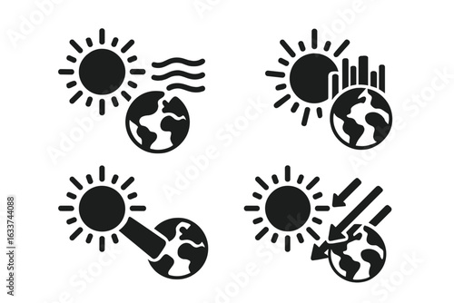 Solar-Earth Icon Set. Vector illustration of sun-Earth interactions, solar wind, solar radiation, aurora icons, UV radiation, sunlight strike, atmospheric effects, astronomical phenomena.