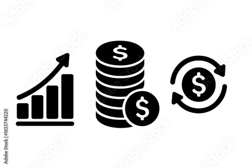 Financial Growth, Investment and Profit Icons Set. Solid Black Wealth Strategy Symbols: Rising Graph, Coin Stack, Dollar Reinvestment Arrows, Economic Success, Revenue Increase, Vector Illustration