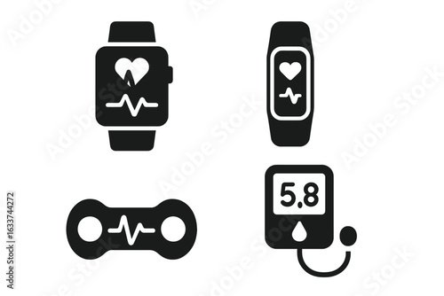 Wearable Medical Technology Icon Set. Solid Black Vector Illustration of Smartwatch, Fitness Band, Heart Rate ECG Patch, Glucose Monitor Device for Health Tracking and Digital Healthcare
