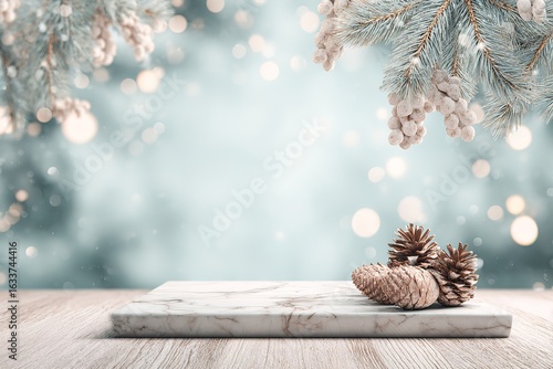 A vertically oriented mockup scene with pine branches and white-tipped pinecones framing the top.