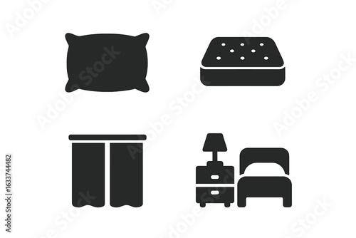 Sleep environment vector icons set. Solid filled icons of pillow, mattress, blackout curtain, bedside table with lamp, and bed. Bedroom furniture and sleep comfort concept. Interior elements isolated.