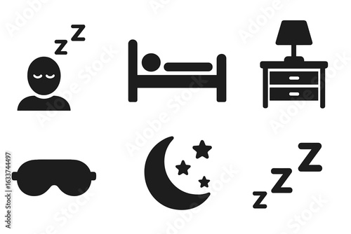 Sleep icon set, bedtime routine vector illustration. Solid filled pictograms of sleeping person, bed, nightstand, desk lamp, sleep mask, moon and stars, Zzz symbols for rest and relaxation concepts.
