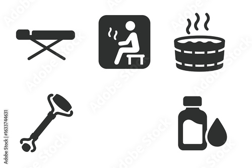 Spa and Wellness Solid Icon Set. Massage Table, Sauna, Steam Room, Hot Tub, Facial Roller, Essential Oil. Relaxation, Beauty, Therapy, Skin Care, Aromatherapy, Health Treatments. Vector Illustration