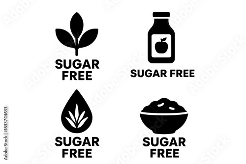 Sugar Free Icons Set. Black Silhouette Vector Symbols for No Sugar, Stevia Leaf, Agave Drop, Apple Juice Bottle, Sugar-Free Foods, Natural Sweetener Alternative, Healthy Diet Labels