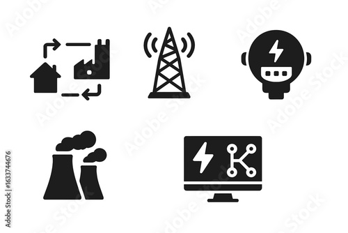 Smart grid icons set. Solid filled vector symbols of energy flow chart, data transmission tower, smart electricity meter, power plant, digital grid management, control system for utilities.