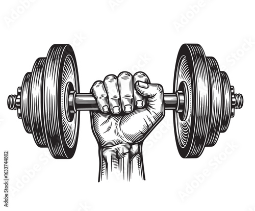 dumbbell in hand sketch engraving vector illustration. T-shirt apparel print design. Scratch board imitation. Black and white hand drawn image.