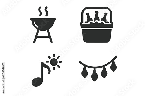 Summer BBQ and Pool Party Icon Set. Black Filled Vector Illustration of Grill, Cooler with Drinks, Music Note with Sun, and String Lights for Outdoor Celebration, Backyard Gathering, Event Design.