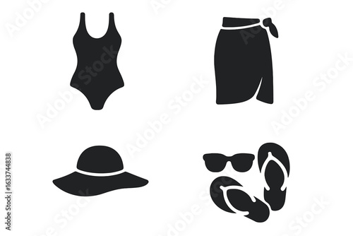 Beachwear Icons Set. Fashionable Summer Swimwear, One Piece Swimsuit, Sarong, Sun Hat, Sunglasses, Flip Flops. Solid Black Silhouette Vector for Vacation, Resort, Pool Party, Spa, Travel Concepts