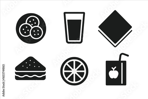 Snack time icons vector set. Solid filled food and drink symbol collection with cookie plate, glass of milk, napkin, sandwich, fruit slice, juice box. Minimalist monochrome snack illustration