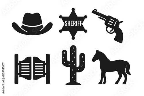 Wild West cowboy icons set. Silhouette vector illustrations of cowboy hat, sheriff badge, revolver pistol, saloon doors, saguaro cactus, horse. Western symbols, sheriff, rodeo, old west decor