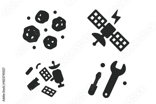 Space Hazards Vector Icons Set. Solid Filled Illustrations of Space Debris, Asteroid Field, Broken Satellite, Space Junk, Lost Tools, Repair Concept. Outer Space Dangers, Orbital Debris, Astronomy