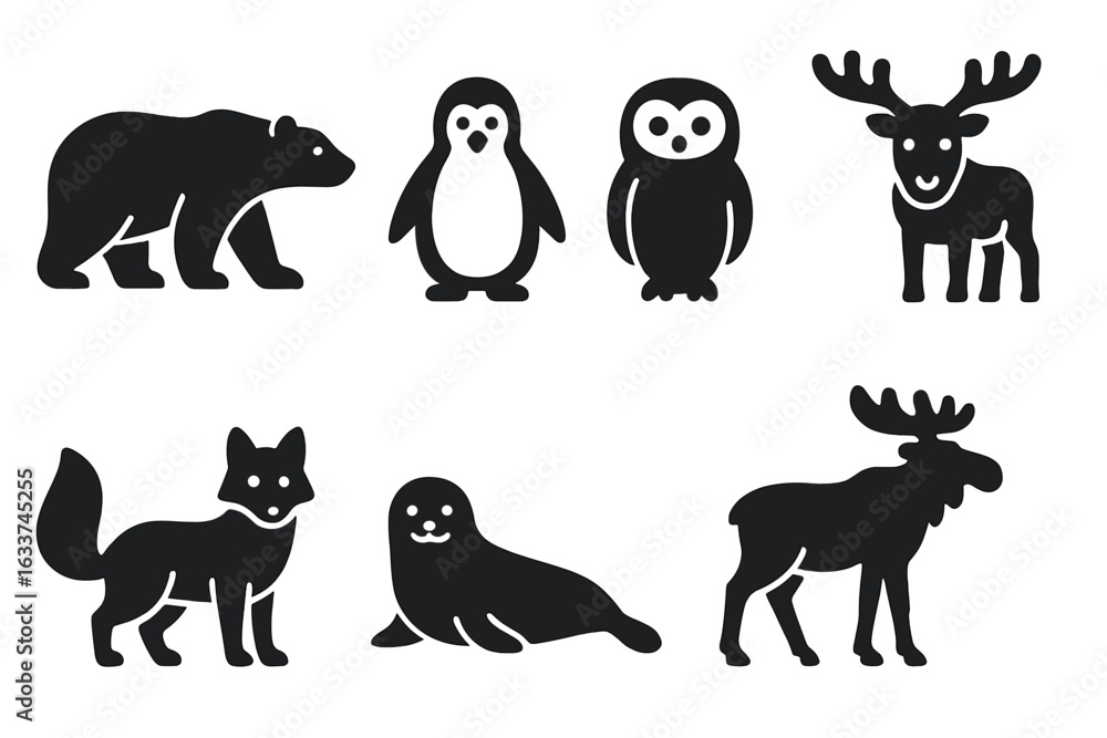 Obraz premium Arctic and Antarctic Winter Animal Silhouette Icon Set. Polar Bear, Penguin, Snowy Owl, Reindeer, Arctic Fox, Seal, Moose. Solid Filled Vector Illustrations, Wildlife, Fauna, Isolated on Transparent.