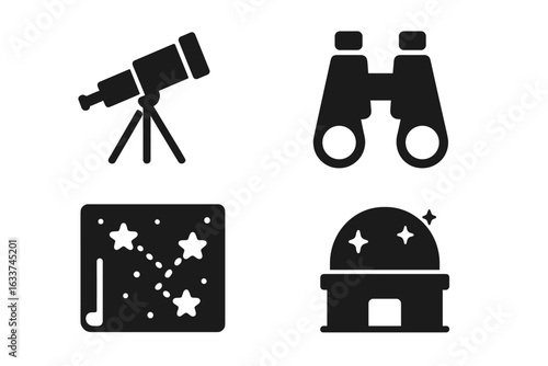 Astronomy observation tools vector set, solid black telescope, binoculars, star chart, observatory icons, stargazing equipment, planetarium, night sky exploration, science flat illustration