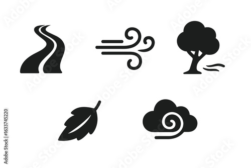 Windy road and weather vector icons set. Solid silhouette symbols of winding path, strong wind, gusty breeze, swaying tree, blowing leaf, swirling cloud. Nature, storm, autumn, environment concepts