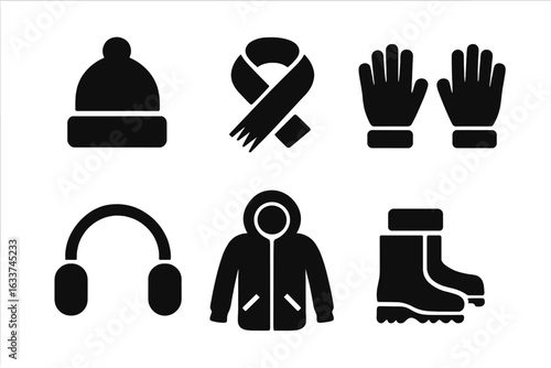 Winter Clothing Icon Set. Solid Black Vector of Warm Accessories and Outerwear: Beanie Hat, Wool Scarf, Gloves, Earmuffs, Hooded Parka, Insulated Snow Boots. Cold Weather Dress Essentials.