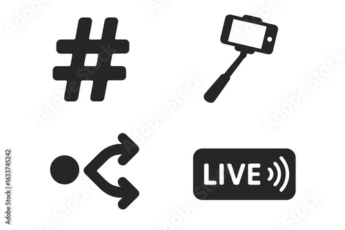 Social media icons vector set. Solid modern symbols collection of hashtag, selfie stick, shuffle, and live stream for apps, marketing, influencer, blogging, sharing. Black glyph pictograms on white
