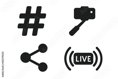 Social media icon set. Solid vector symbols for hashtag, selfie stick, share, live streaming. Modern digital communication icons for web, mobile, influencer marketing, social networking, broadcasting.