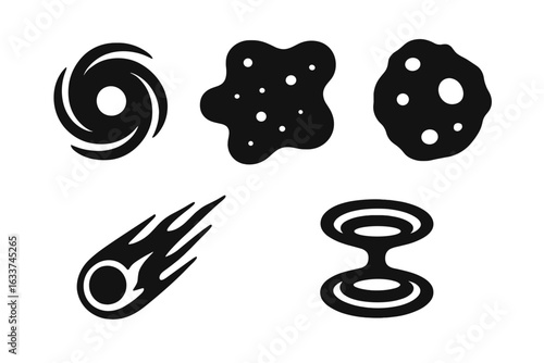 Space phenomena vector icon set. Solid filled illustrations of black hole, nebula, asteroid, comet, wormhole. Cosmic event symbols, astronomy, astrophysics concepts for science and education.