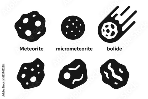 Space rocks icons set. Solid filled vector collection of meteorite, micrometeorite, bolide, stony meteorite, iron meteorite, celestial rock. Astronomy, asteroid, space debris, science illustration.