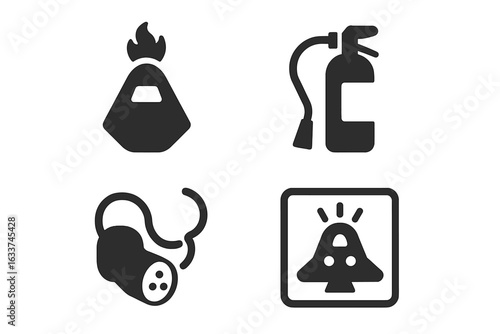 Spaceship safety icon set. Solid vector symbols of escape pod, fire extinguisher, oxygen mask, emergency alarm. Futuristic space travel safety, evacuation, rescue. Black glyph design elements