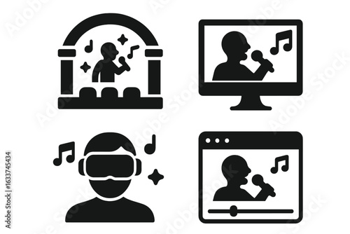 Virtual Concert Icon Set. Solid filled vector icons of online concert, VR music performance, digital singer, live streaming show, headset listener, streaming concert, remote music event concept.