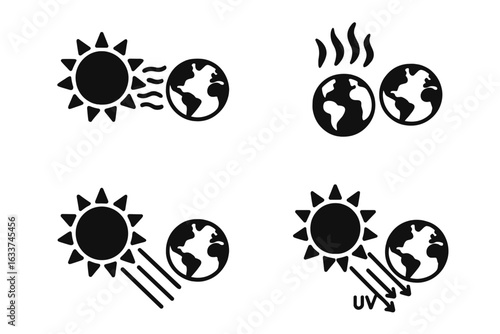Solar and Earth Interaction Icons Vector Set. Sunlight, UV Radiation, Solar Wind, Sunbeam Earth Impact, Atmosphere, Climate Change, Ozone Layer, Global Warming, Aurora, Energy Transfer, Astronomy.