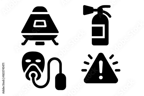 Spaceship safety icons set. Solid filled symbols of escape pod, fire extinguisher, oxygen mask, emergency warning sign. Spacecraft safety equipment. Emergency response. Vector illustration isolated