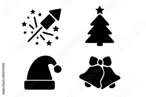 Winter Holiday Solid Icons Set. Festive Vector Illustration with Christmas Tree, Firework Rocket, Santa Hat, Jingle Bells. Black Silhouettes for New Year, Xmas Celebration, Decoration, Design Elements