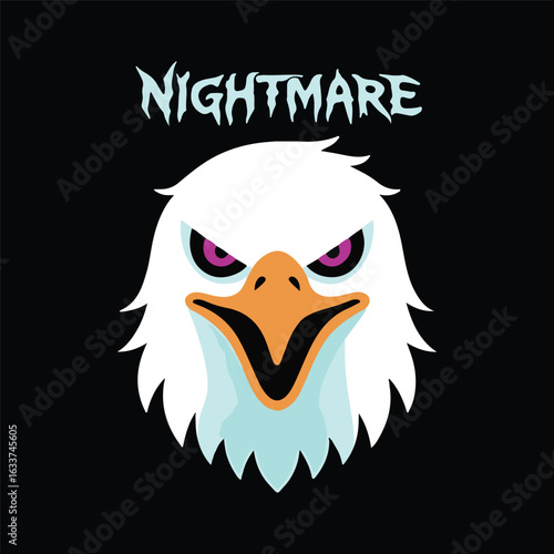 Aggressive eagle head with glowing purple eyes and nightmare text on black background vector illustration design.