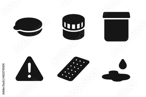 Spill Prevention Solid Icon Set. Vector symbols of spill containment lids, caps, sealed jars, warning sign, adhesive bandage, non-slip mat, liquid drop, hazardous material safety, industrial safety.
