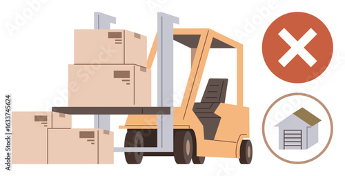 Forklift transporting stacked boxes, red prohibited sign, and warehouse icon. Ideal for logistics, safety, warehouse management, shipping, supply chain, industrial training simple flat metaphor