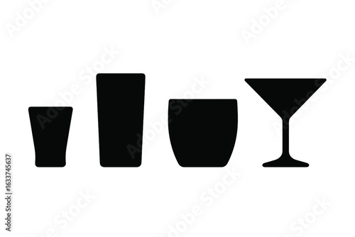 Solid Black Vodka Glassware Set Icon Collection. Shot Glass, Highball Glass, Tumbler, Coupe and Martini Glass Vector Silhouette. Cocktail Bar Drinkware, Alcohol Beverage Icons. Modern Minimal Style