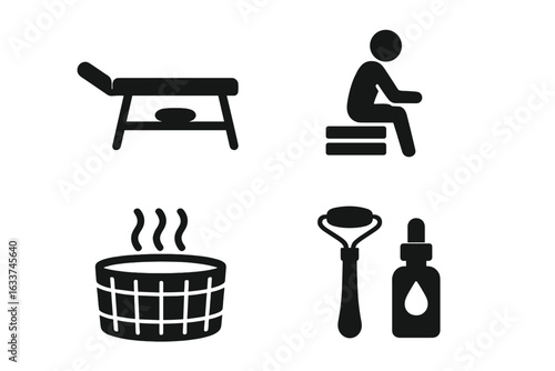 Spa and Wellness Treatment Icons Set. Solid Black Vector Collection. Massage Table, Sauna Room, Hot Tub, Facial Roller, Essential Oil Bottle. Beauty Therapy, Relaxation, Self Care Symbol Pack.