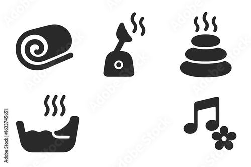 Spa and Wellness Icon Set. Rolled Towel, Facial Steamer, Hot Stones, Foot Basin, Relaxing Music Symbols. Solid Vector Illustrations for Massage, Sauna, Bath, Aromatherapy, Spa Center, Self-Care