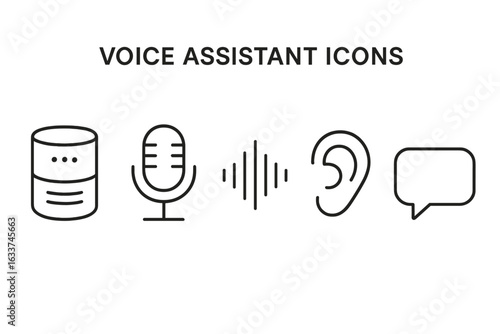 Voice assistant icons set. Linear outline vector symbols for smart speaker, microphone, audio waveform, listening ear, speech bubble. AI voice technology, digital assistant, speech recognition concept