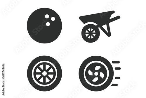 Set of Solid Sports and Game Wheels Icons. Bowling Ball with Holes, Wheelbarrow, Sport Car Wheel, Fast Spinning Motion Symbol. Black Vector Illustrations, Sport Equipment, Motion Concepts