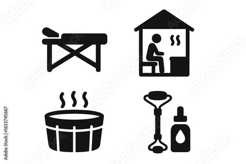 Spa Wellness Treatment Icons Set. Massage Table, Sauna Room, Hot Tub, Facial Roller, Essential Oil. Relaxation Therapy, Self Care, Beauty Rituals, Spa Center Facility, Vector Illustration