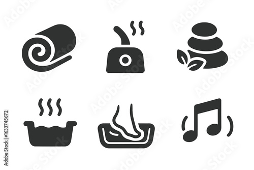 Spa Icon Set, Solid Filled Vector Symbols of Spa Relaxation and Wellness, Rolled Towel, Facial Steamer, Hot Stones Therapy, Aromatherapy, Foot Bath, Calming Music, Massage, Sauna Elements