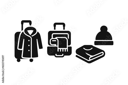 Winter Travel Essentials Icon Set. Solid Filled Vector Illustrations of Suitcase with Coat, Scarf, Folded Sweater, Winter Hat. Cold Weather Packing, Seasonal Trip, Vacation Outfit, Modern Design