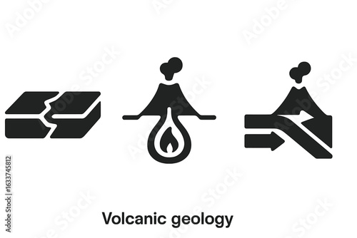 Volcanic geology icon set. Tectonic plate boundaries, magma chamber, subduction zone, volcano eruption, geological activity, plate tectonics. Solid vector science illustration, black silhouette