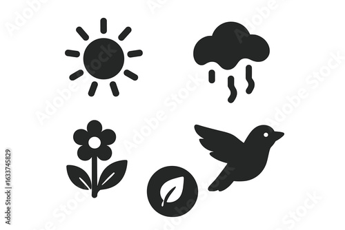 Seasonal Spring Renewal Nature Icons Collection. Black Silhouette Vector Set—Sunlight, Rain, Melting Snow, Blooming Flower, Migratory Bird, Fresh Leaf. Seasonal Change, Growth, Ecology Concept