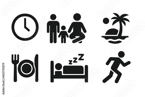 Work-Life Balance Icon Set. Modern Solid Filled Vector Icons Collection. Clock, Family, Yoga, Vacation, Meal, Sleep, Exercise. Healthy Lifestyle, Leisure, Time Management, Wellness Design