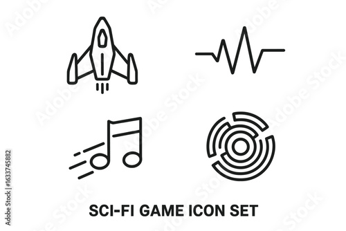 Sci-Fi Game Icon Set with Futuristic Spaceship Silhouettes, Electronic Pulses, Laser Beam Notes, High-Tech Gaming Symbols, Outline Vector Illustration, Transparent Background