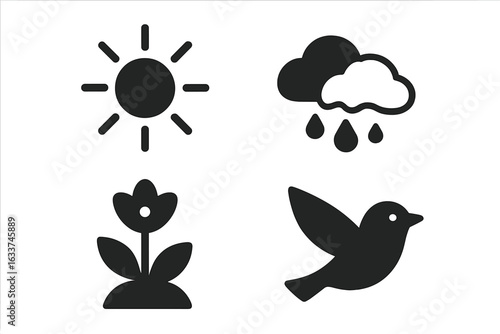 Spring season solid icon set. Sun, rain cloud, raindrops, blooming flower, migrating bird. Nature revival, warming weather, springtime wildlife, fresh growth. Minimal black silhouette vector.