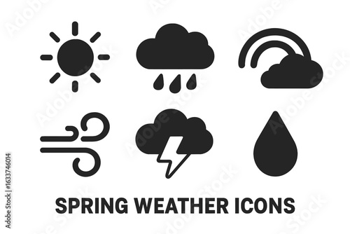 Spring Weather Vector Icons Set. Solid Black Filled Sun, Rain Cloud, Rainbow, Wind Gust, Thunderstorm, Dew Drop Symbols. Minimalist Seasonal Weather Signs. Natural Climate Elements Collection