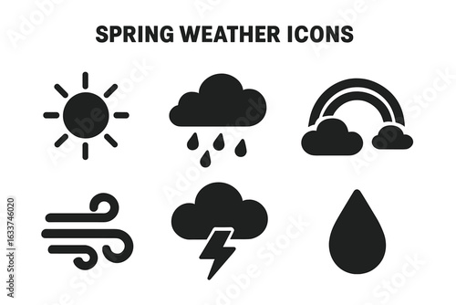 Spring Weather Icons Vector Set. Solid Filled Sun, Rain Cloud, Rainbow, Wind Gust, Thunderstorm, Dew Drop Symbols. Seasonal Meteorology Elements. Minimal Black Silhouette Clipart Collection
