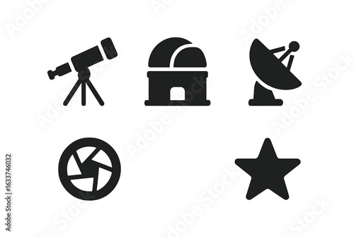 Astronomy observation icons set. Solid black vector illustration of telescope, astronomical observatory, satellite dish, camera lens aperture, star. Space exploration, science technology concept.